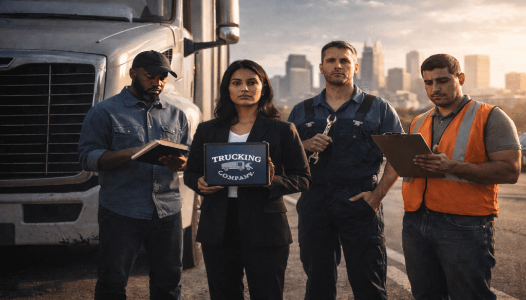 A dramatic scene showing diverse potential liable parties in a semi-truck accident case: the driver, a company executive, a mechanic, and a cargo loader.