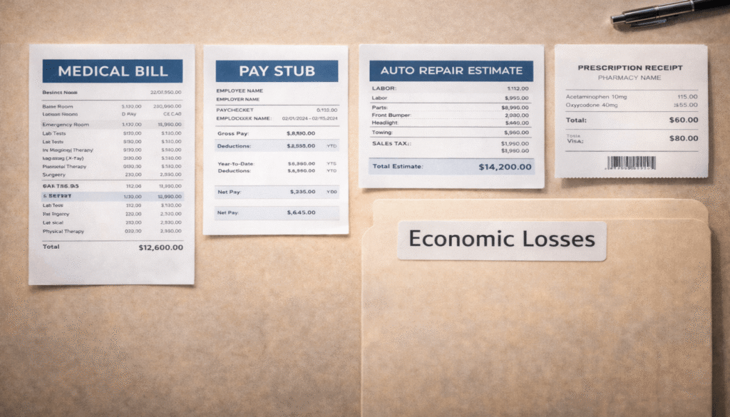A collection of key documents for documenting economic losses after a semi-truck accident: medical bills, pay stubs, and repair estimates.