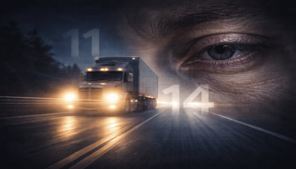 A double-exposure image of a drowsy eye over semi-truck headlights, symbolizing the crash risk from driver fatigue.
