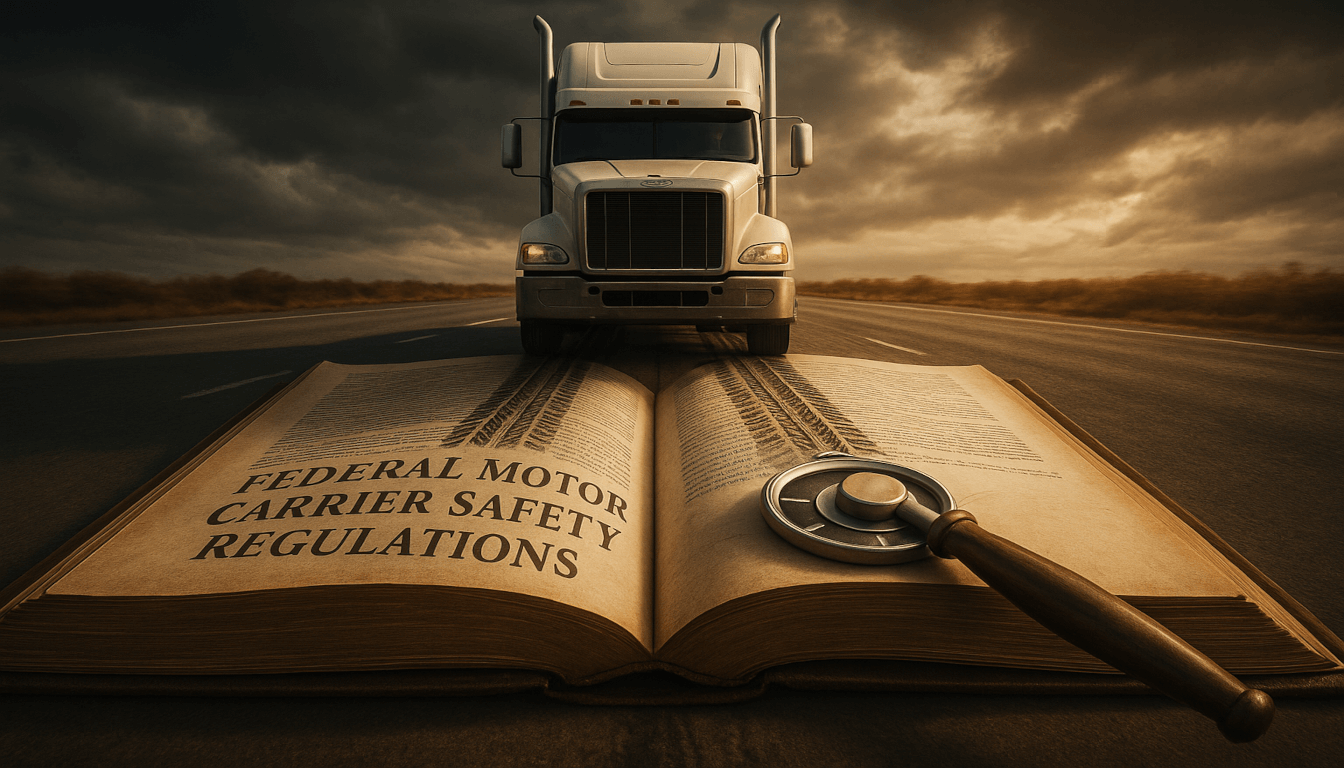 A semi-truck driving over a large book of federal safety regulations, symbolizing how these rules govern and directly affect liability in truck accident cases.