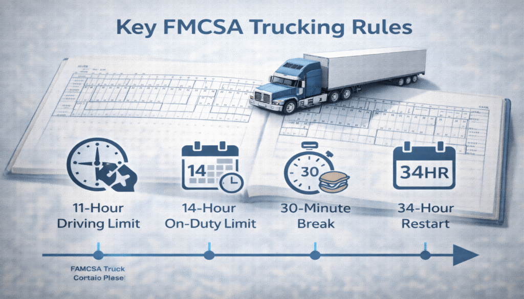 An infographic of FMCSA driver hours rules, including the 11-hour driving limit and 30-minute break, overlaid on a logbook.