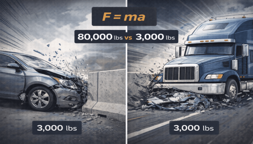 Illustration comparing the destructive force and mass of a semi-truck to a passenger car in a collision.