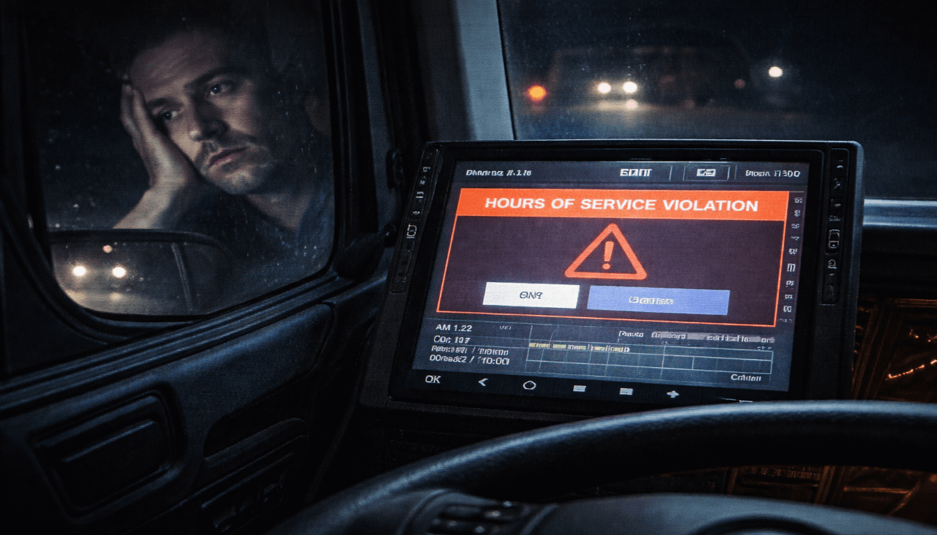 A fatigued truck driver's reflection next to an ELD screen showing a hours-of-service violation alert.