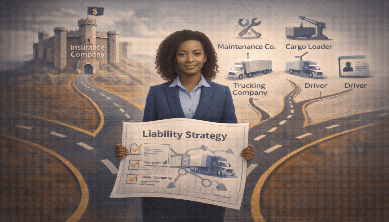 A conceptual map showing a lawyer navigating paths toward an insurance castle and multiple liable parties in a semi-truck accident case.