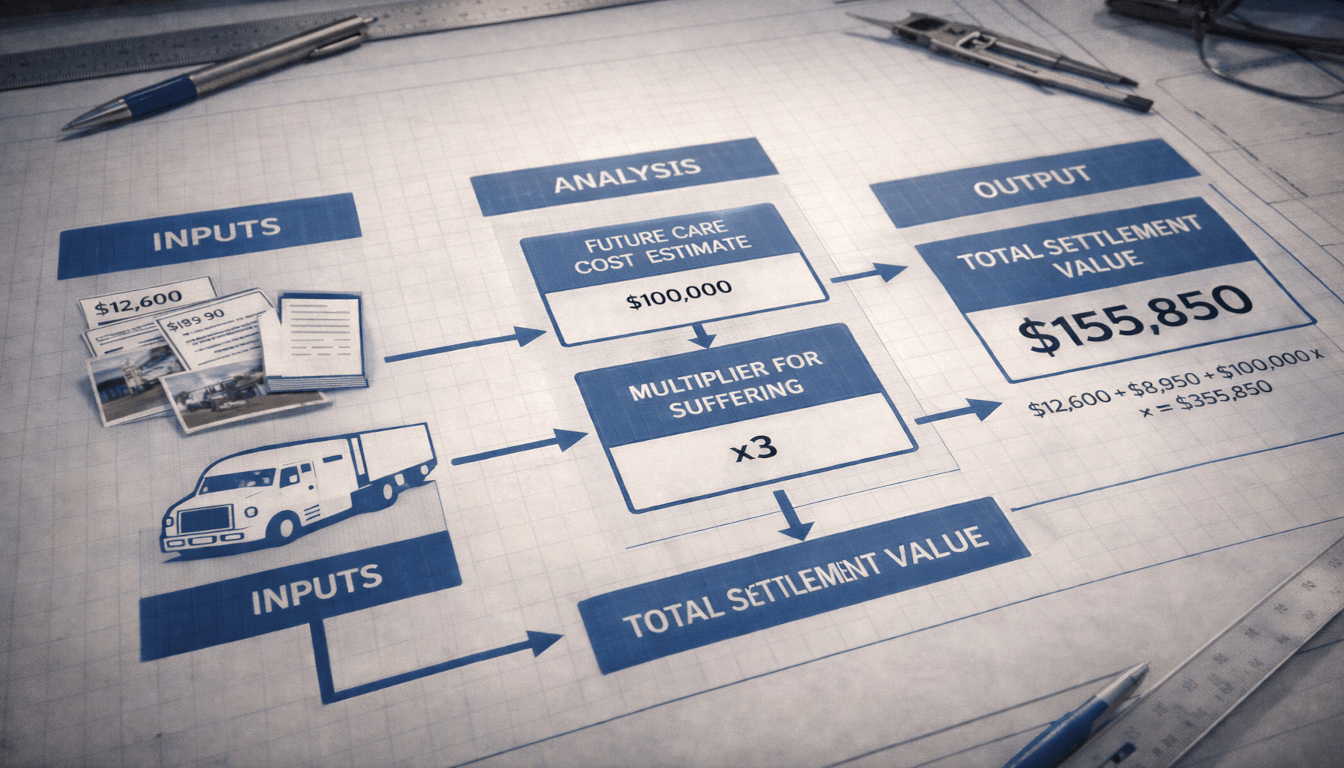 A technical flowchart showing the step-by-step process of calculating total damages for a semi-truck accident settlement.