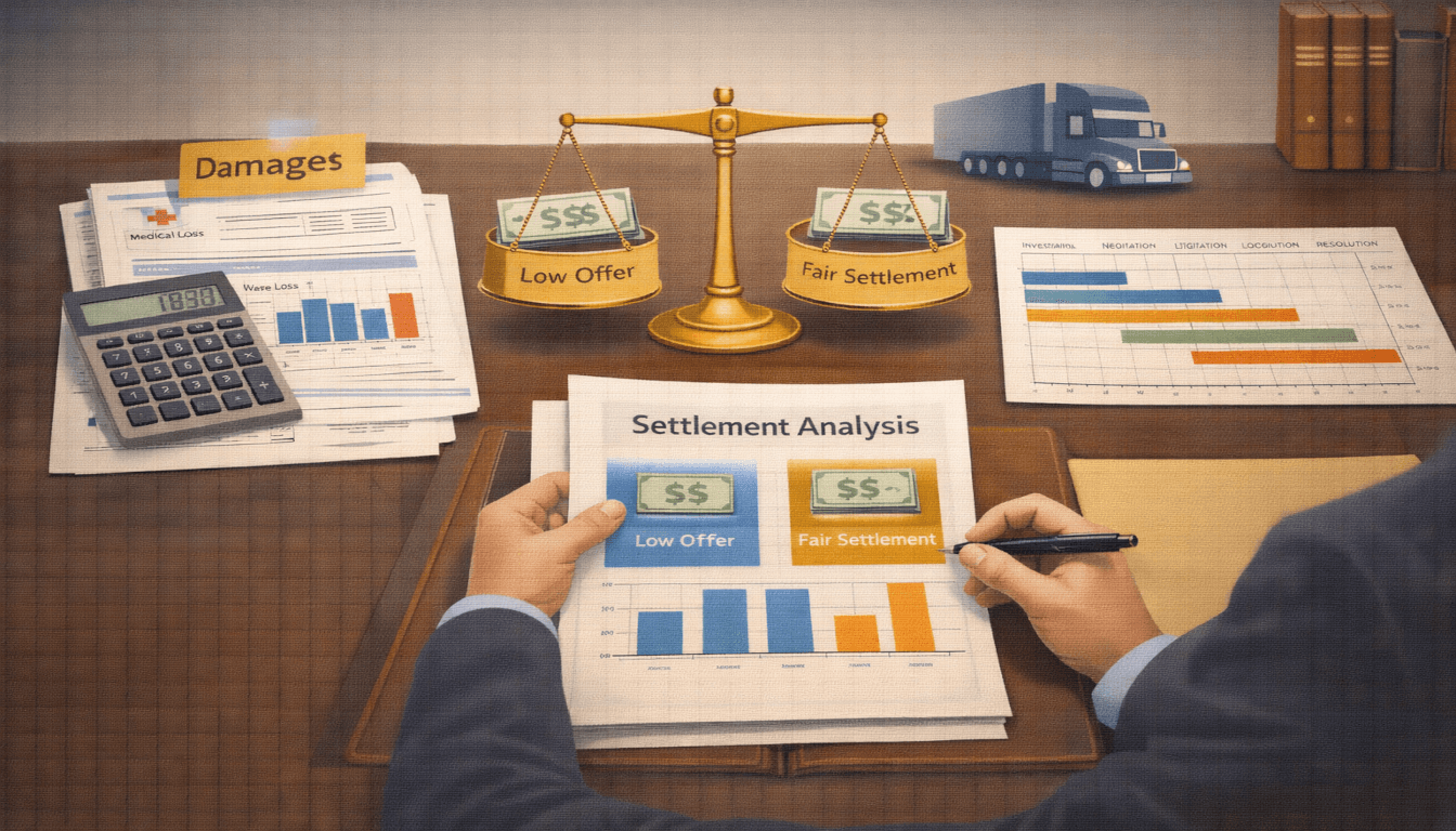 A lawyer's desk with three sections for calculating damages, analyzing settlement ranges, and planning case timelines for a semi-truck accident claim.
