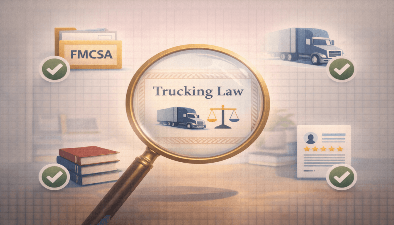 A magnifying glass over a trucking law certificate, surrounded by checkmarks for FMCSA knowledge, technical expertise, and experience in semi-truck accident cases.