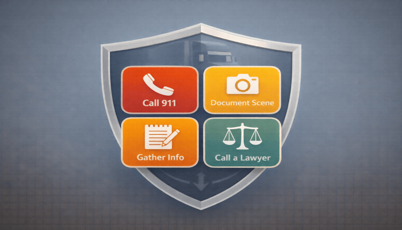 A shield graphic containing icons for calling 911, documenting the scene, gathering information, and calling a lawyer after a semi-truck accident.