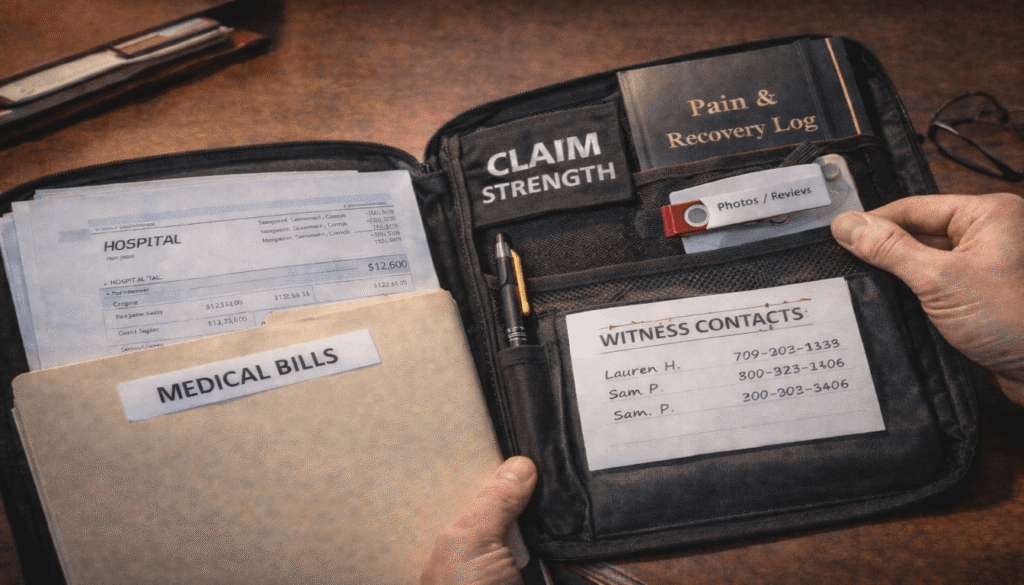 A person organizing a toolkit with a pain journal, document folders, and a USB drive, showing proactive steps to strengthen a semi-truck accident damage claim.