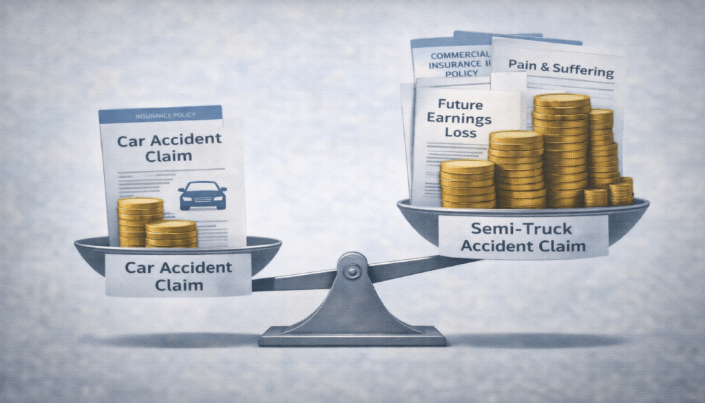 A scale graphic showing the greater compensation and complex policies in semi-truck versus car accident claims.