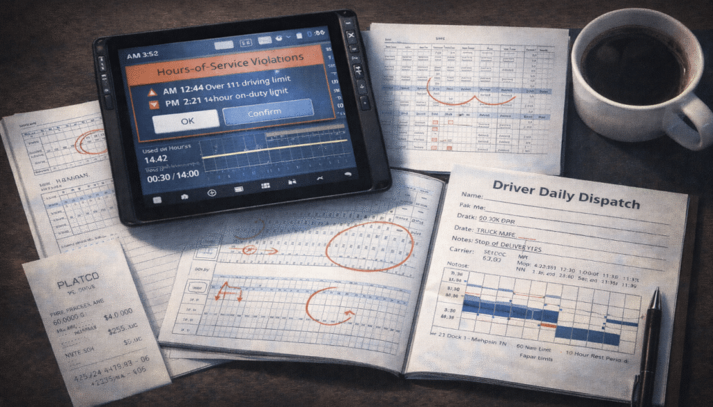 A collection of evidence including an ELD screen, logbook, and receipts used to prove driver fatigue violations.