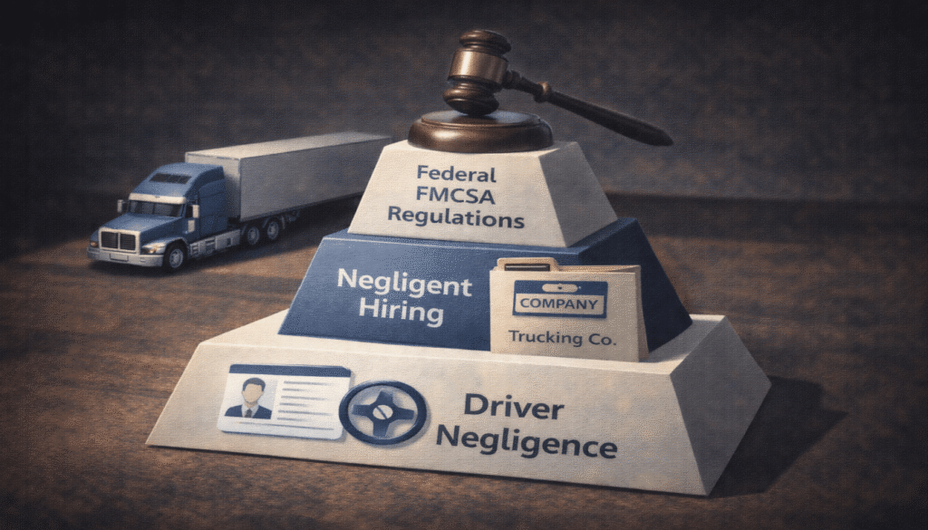 A pyramid graphic showing levels of legal liability from driver negligence to trucking company responsibility.