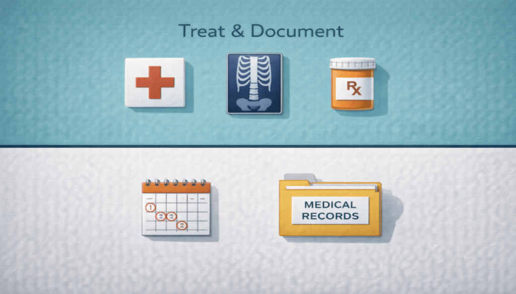 A split graphic showing the dual need for medical treatment and documentation after a semi-truck accident.