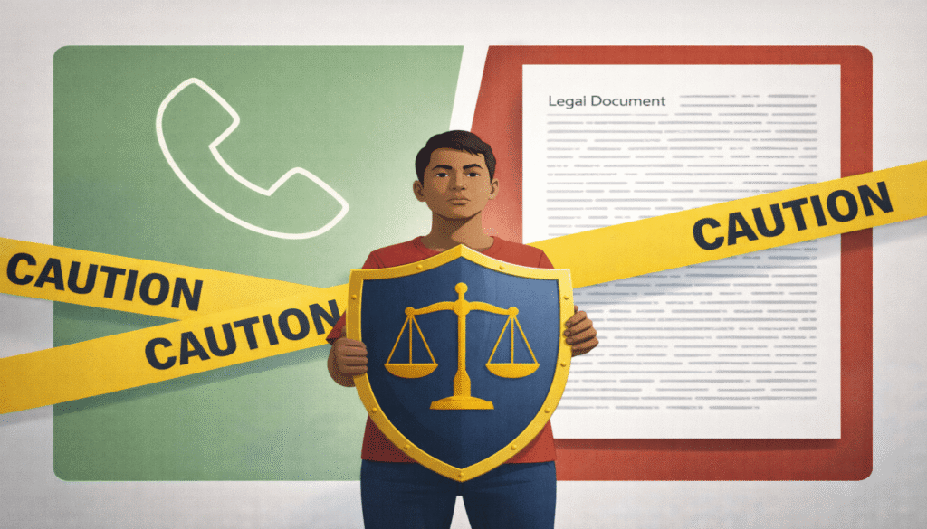 A conceptual split image showing a simple phone call versus complex legal documents, with a victim holding a legal shield after a semi-truck accident.