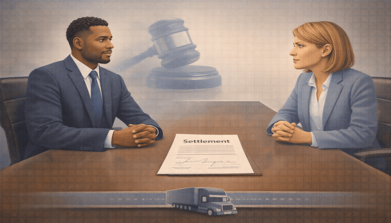 An illustration of a Black male lawyer negotiating with a female insurance adjuster, with a ghosted gavel image symbolizing readiness for court.