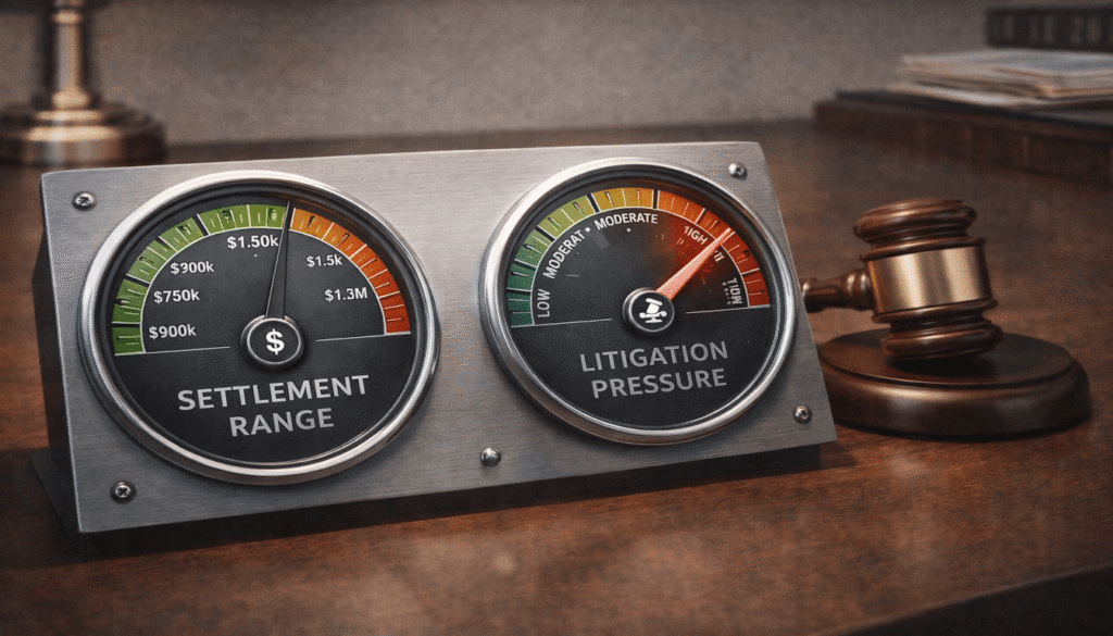 A dual-gauge panel showing settlement ranges and litigation pressure, symbolizing the strategic tools in semi-truck accident claim negotiations.