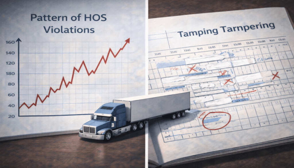 A split image showing a graph of repeated HOS violations and a tampered logbook, evidence patterns in semi-truck accident cases.