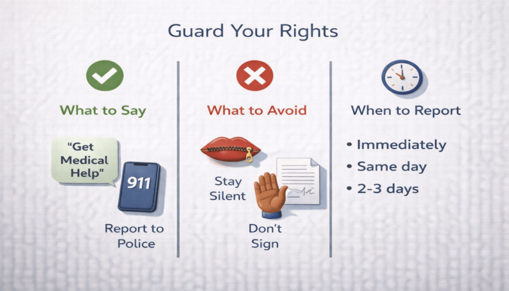 Vertical infographic on what to say, avoid, and when to report after a semi-truck accident to protect legal rights.