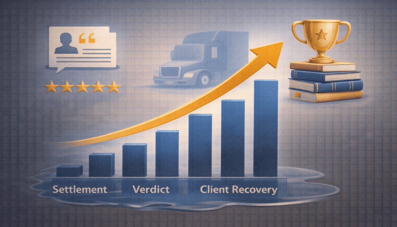 An infographic with a rising bar chart, trophy, and testimonials, representing the evaluation of a lawyer's proven track record in semi-truck accident cases.

