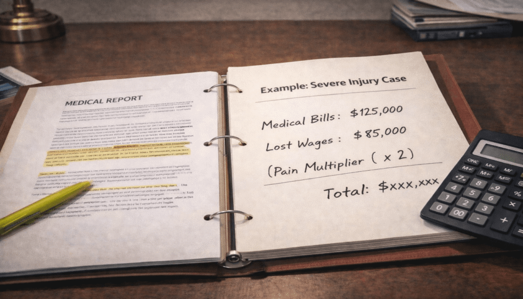 An open case file showing a real-world example of a semi-truck accident damage calculation with medical bills, lost wages, and a pain multiplier.
