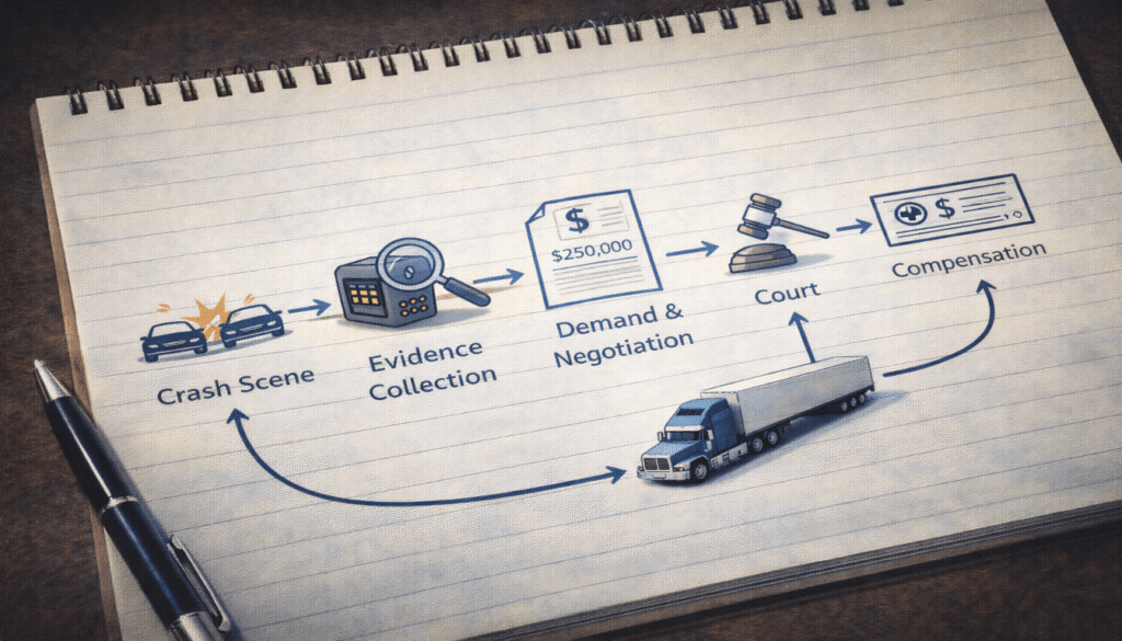 A flowchart showing the stages of a semi-truck accident case from the crash through litigation to compensation.

