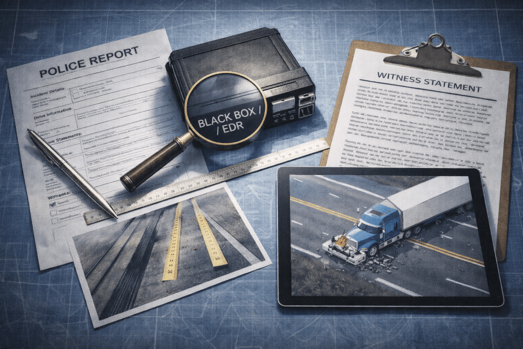 A flat lay of semi-truck accident investigation evidence: police report, black box, skid mark photo, and reconstruction diagram.