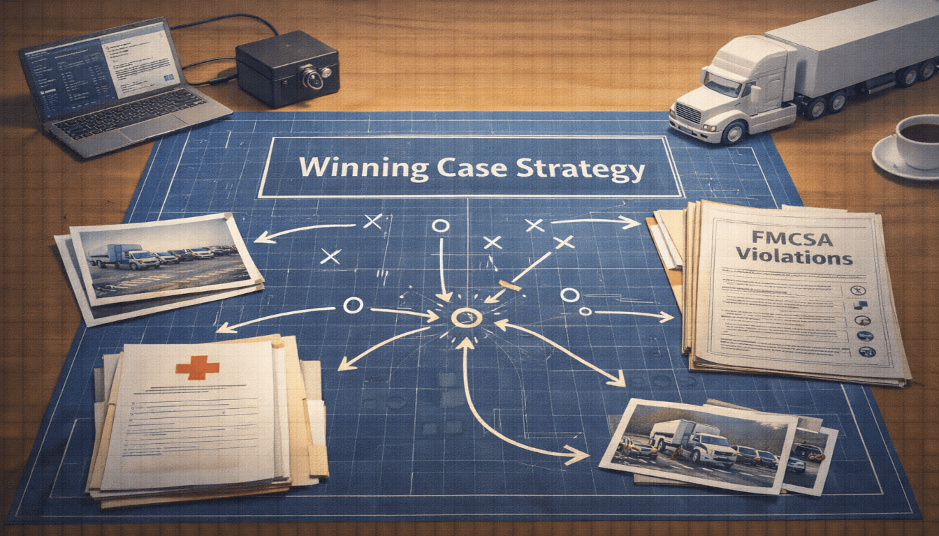A top-down view of a strategic blueprint surrounded by organized evidence like black box data and FMCSA reports for a semi-truck accident case.