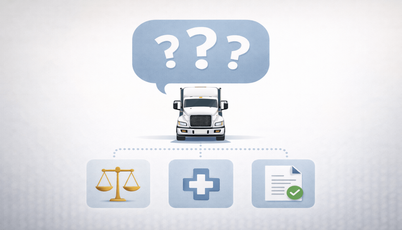 A clean graphic with a question-filled speech bubble, a semi-truck icon, and solution icons for legal, medical, and documentation help.