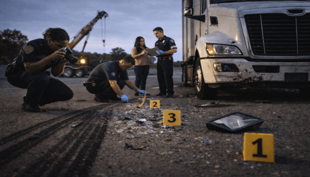 A diverse team of investigators documenting evidence and measuring skid marks at a serious semi-truck accident scene.