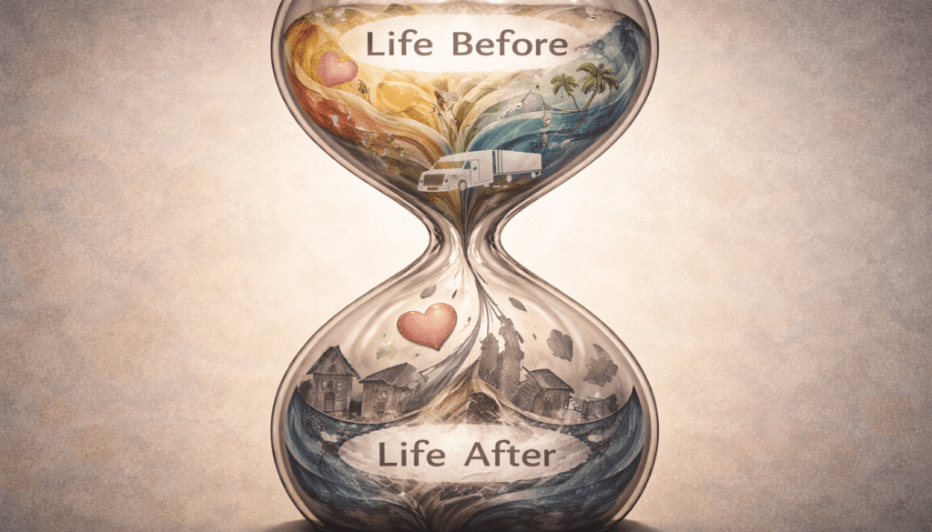 An hourglass with flowing colors symbolizing the loss of life's enjoyment and emotional well-being after a semi-truck accident.