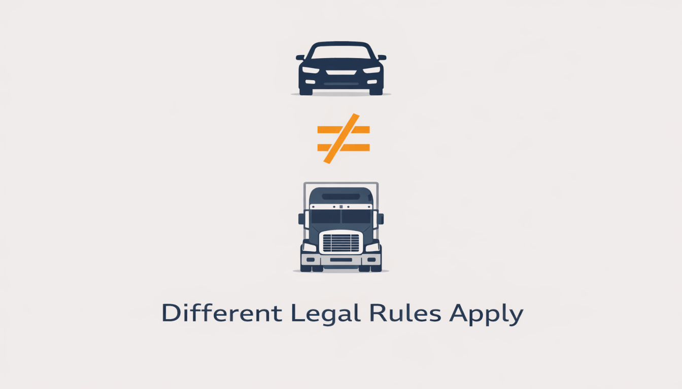 A centered graphic showing a car icon, an unequal sign, and a semi-truck icon with the text "Different Legal Rules Apply."