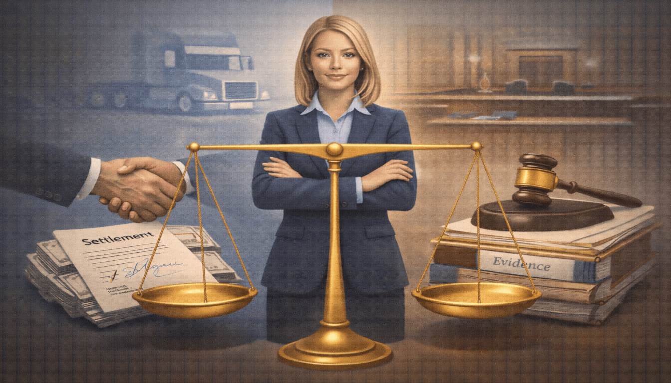A balanced scale image showing a handshake for settlement and a gavel for trial, representing dual strategy for a semi-truck accident claim.