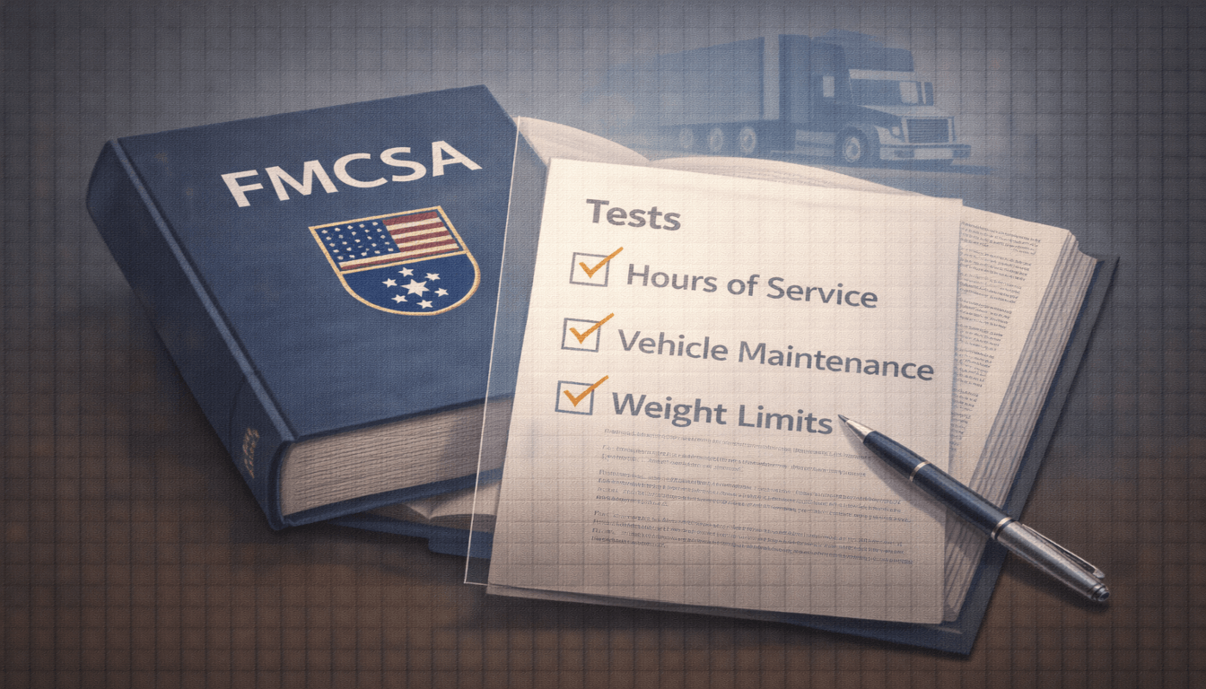 A law book with FMCSA and state flag, overlaid with a test sheet on regulations critical for semi-truck accident cases.