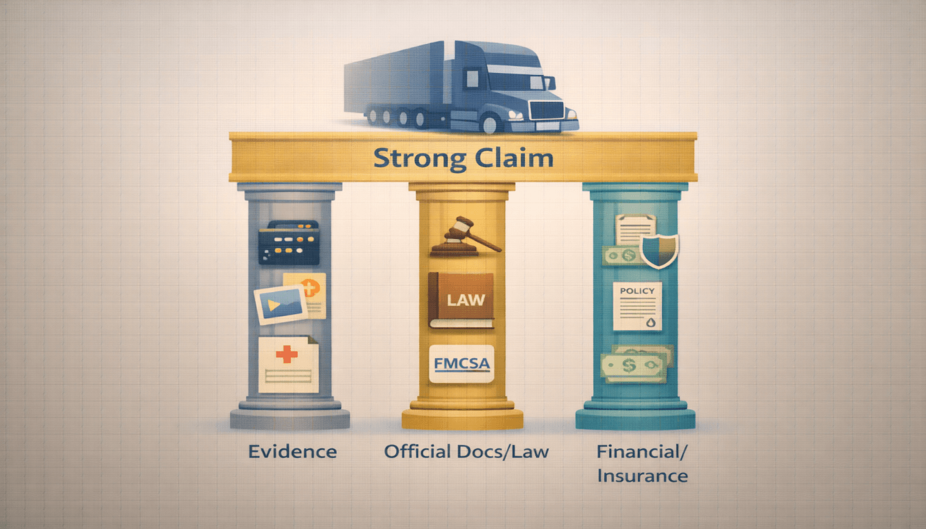 Three pillars built from evidence, regulation documents, and insurance icons supporting a strong semi-truck accident claim.