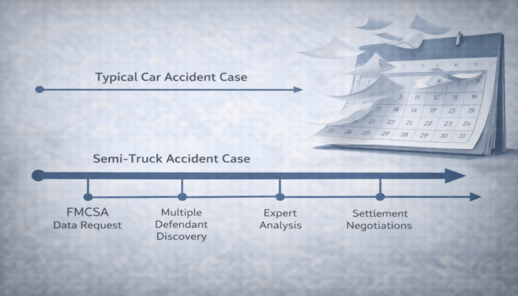 An infographic timeline comparing the longer, more complex litigation process of a semi-truck accident case to a standard car accident case.

