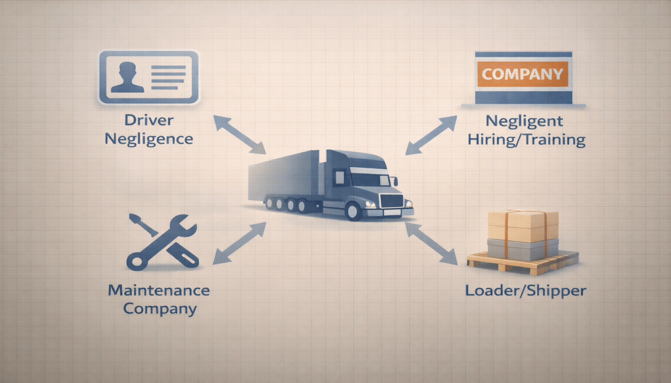 A network diagram linking a semi-truck to potential liable parties like the driver, trucking company, mechanic, and cargo loader.
