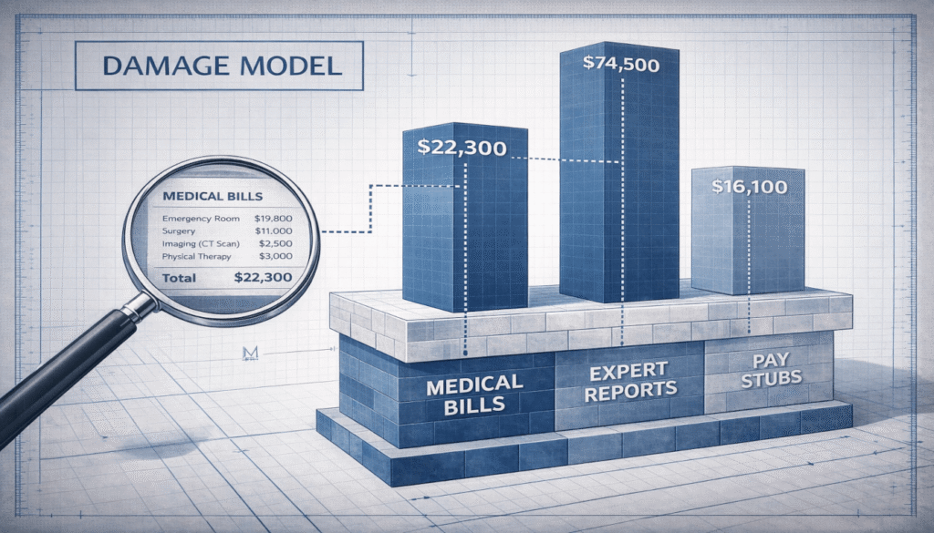 An architectural blueprint showing how evidence like bills and reports forms the foundation of a calculated damage model for a semi-truck accident claim.