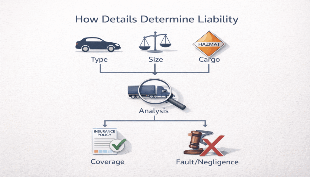Infographic showing how vehicle type, size, and cargo influence fault and insurance in a semi-truck accident case.