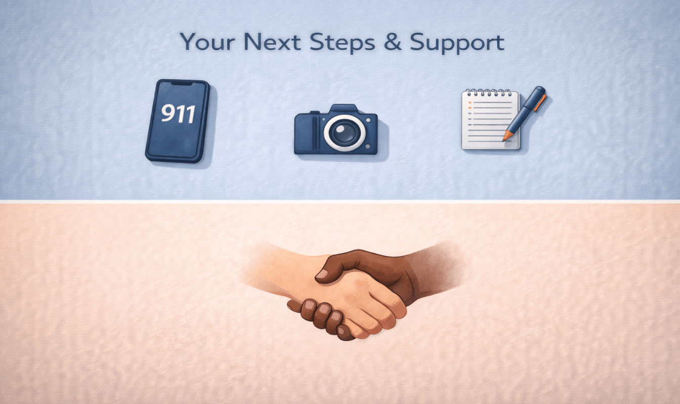 A split graphic showing immediate action steps and emotional support for after a semi-truck accident.