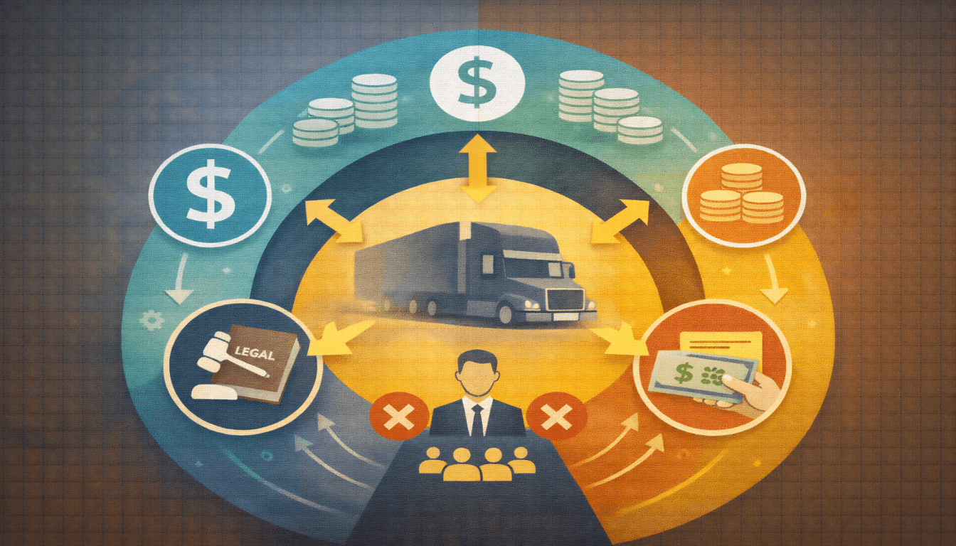 A layered infographic with rings of legal, technical, and financial complexities surrounding a semi-truck silhouette.