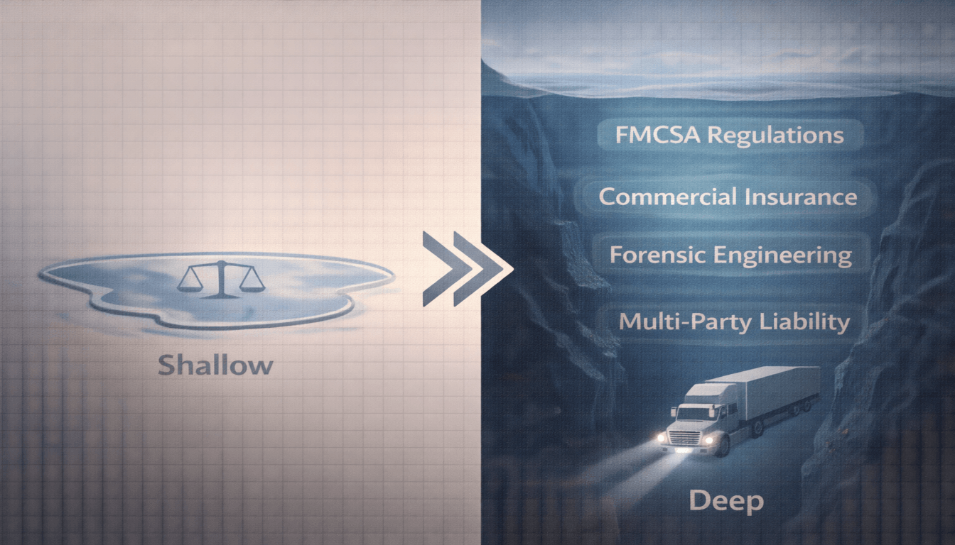 An infographic showing a shallow puddle versus a deep ocean trench with layered legal complexities, symbolizing the need for specialized knowledge in semi-truck accident claims.