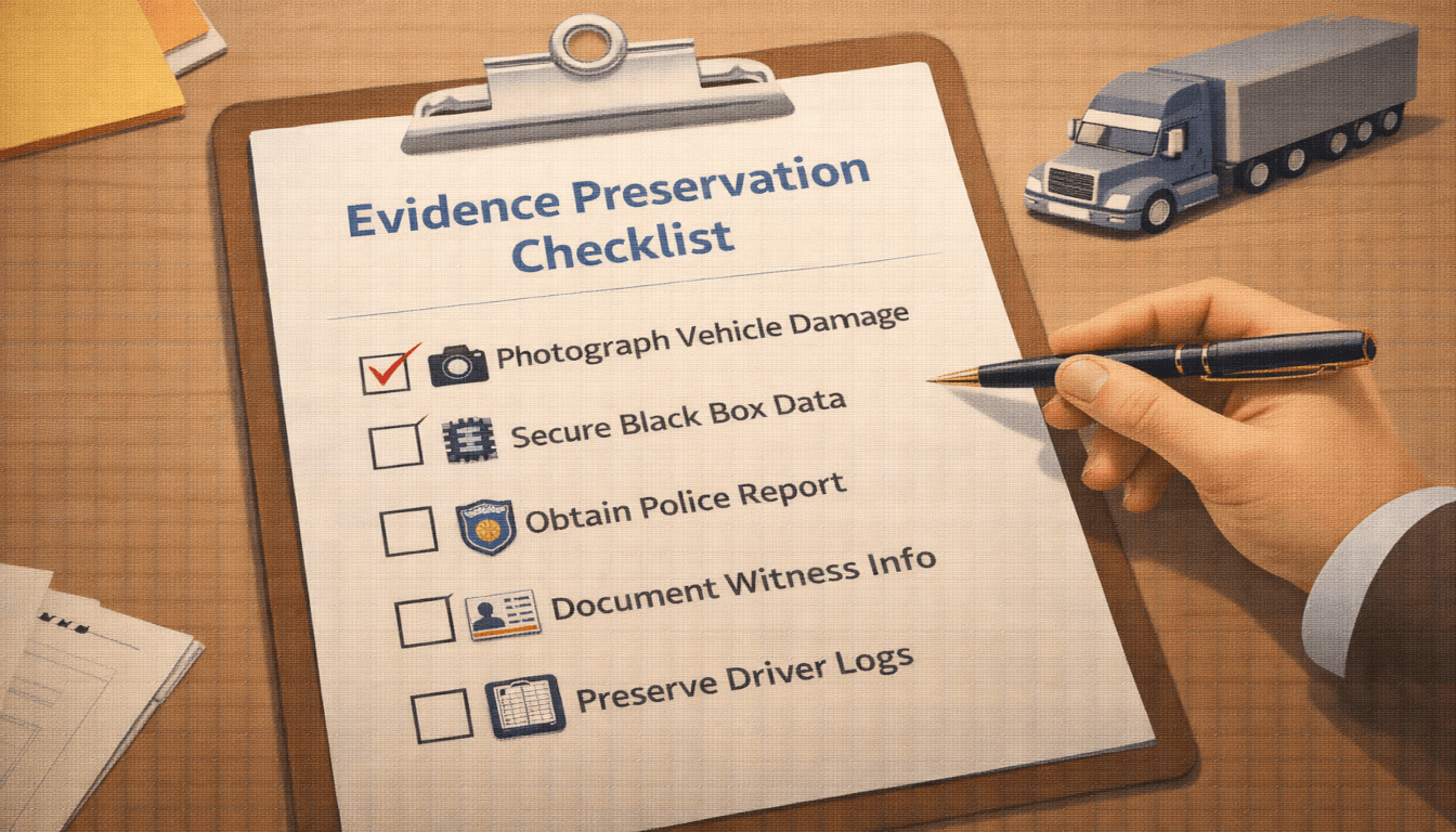 A flat lay of an evidence preservation checklist with icons for photos, black box data, police reports, witness info, and driver logs.